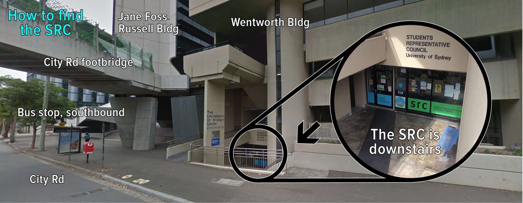 Image of front of Wentworth Building highlighting entrance to the SRC